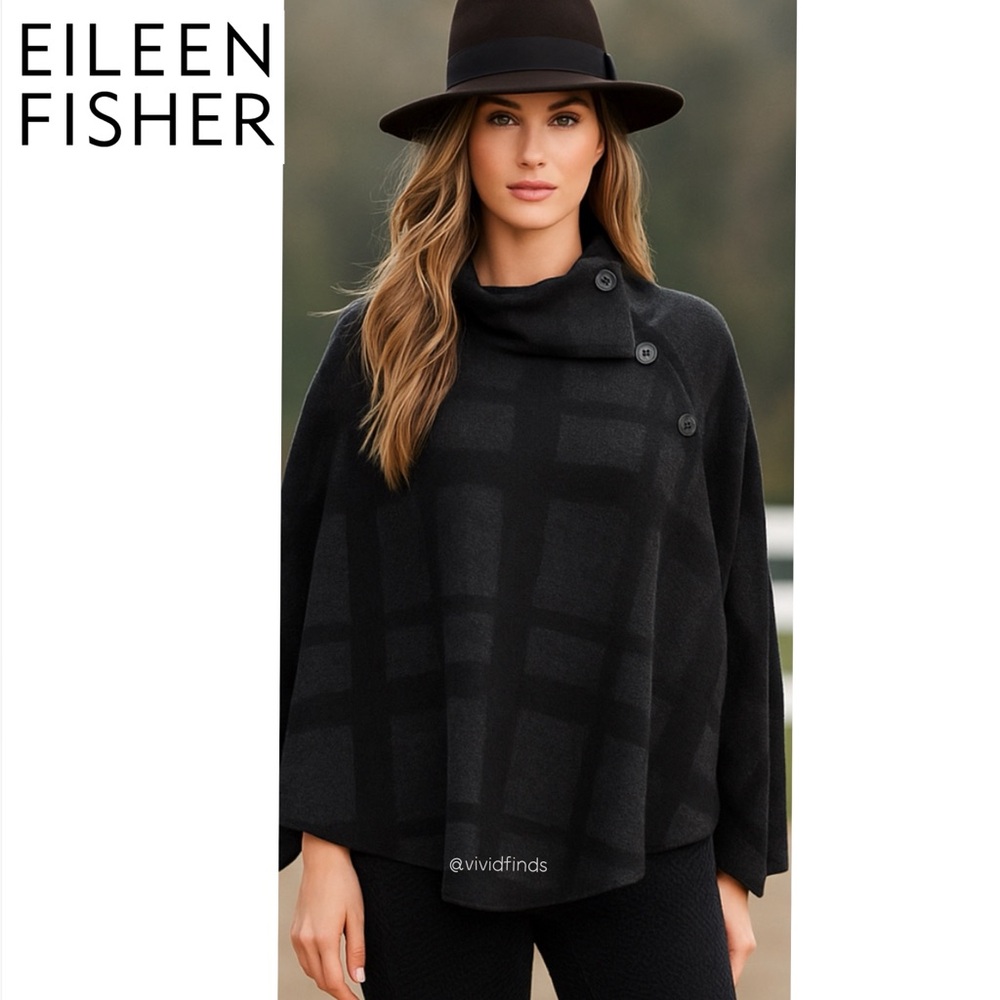 Eileen Fisher Wool Plaid Poncho Cape Wrap Gray Black Check Button Neck One Size - Picture 2 of 16
